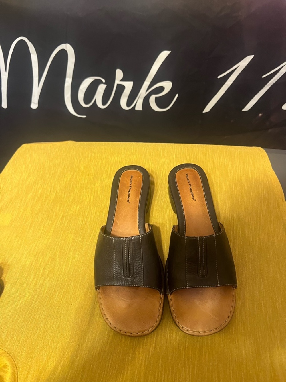 Hush Puppies Black Leather Open-Toe Slide Sandals